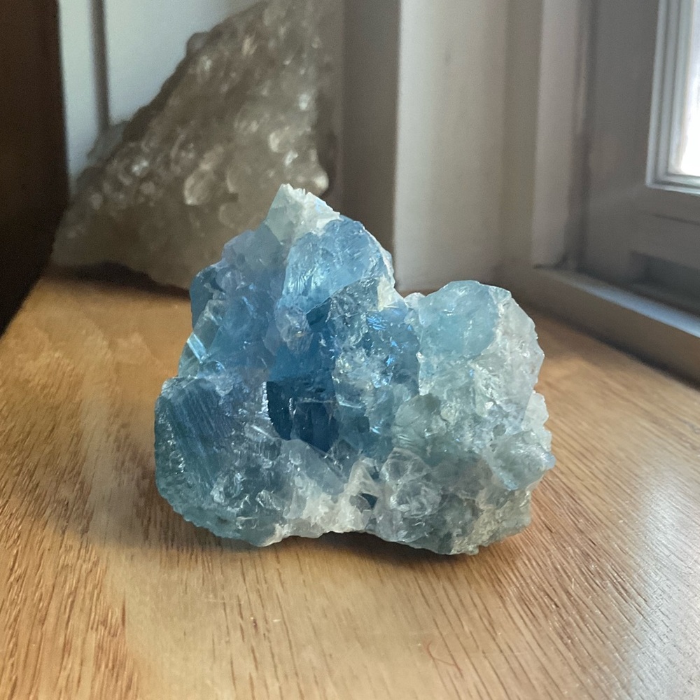 Gemmy blue fluorite with calcite crystal specimen, healing crystal